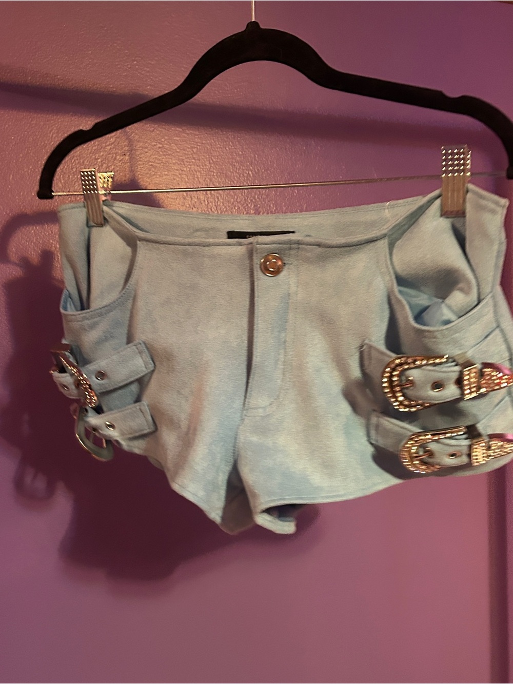 Light Blue Women's Buckle Accent Suede-Look Shorts western glam rodeo NFR M